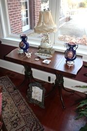 Console Table  with Vintage Lamp and Pair of Urns and other Small Decorative
