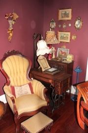 Side Chair , Small Foot Stool,  Cabinets  and Vintage Wall Decorations