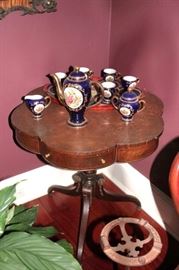 Wood, Side Pedestal Table and  Tea Set
