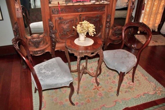 Pair of Upholstered  Chairs, Small Round Table, Rug and Decorative