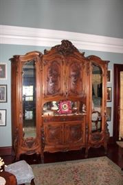 Antique Wood Carved Unit with Inset Mirrors  and Vintage Clock