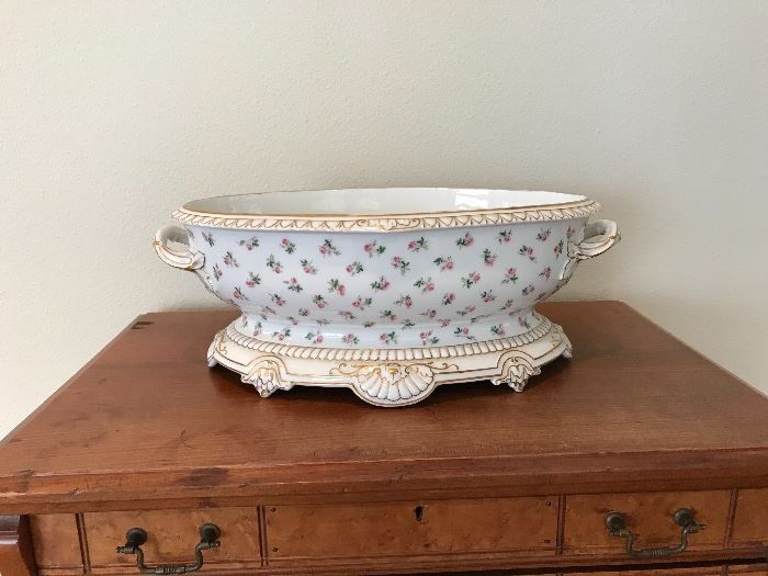 Antique Porcelain Oval Center Bowl
w/ Pink Roses Detail (17”l)  $90