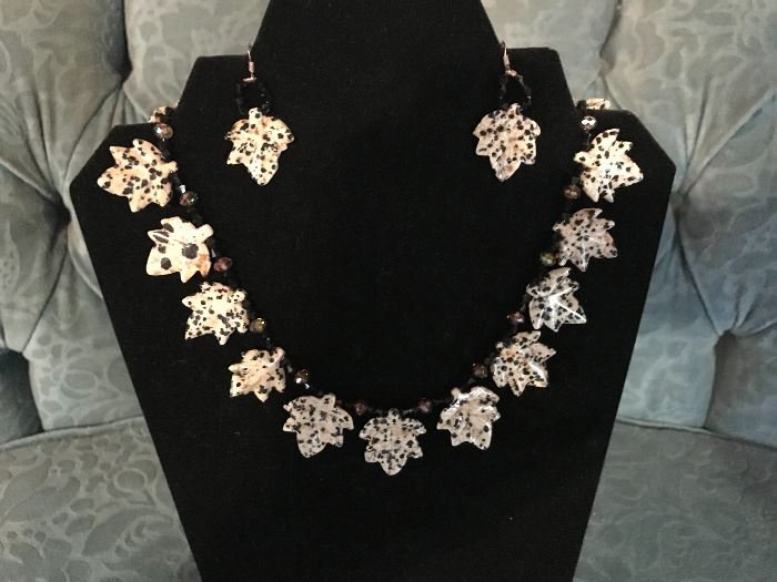 Dalmatian Dalcite Jasper Carved Leaf Necklace w/ Matching Ear Hooks  $300 (set)