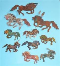 49: Lot Of 10 Painted Tin Horses Signed Peacock