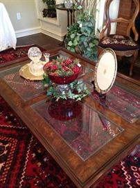 Glass and wood top coffee table; great rug