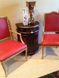 Small demi-lune cabinet; two more of the four matching chairs