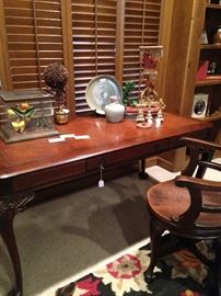 Very fine leather-top desk; antique desk chair 