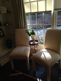 Pair of parson chairs; small plant stand