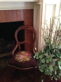 Companion antique chair with needlepoint seat & artificial plant