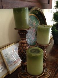Candle holders; green floral bowl
