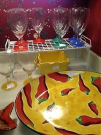 Colorful serving bowl and glasses
