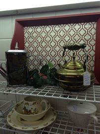 Brass tea pot; tray; English fine bone china "Bunnykins" plate, bowl, & cup