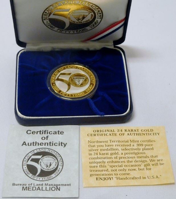 Bureau of Land Management .999 Silver Medallion w/ 24kt gold 