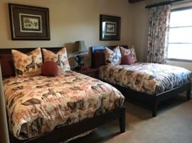 Pair of Queen - maybe full size beds with bedding - has curtains and shower curtain for sale.