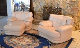 LEATHER CHAIRS, ORIENTAL STYLE AREA RUG
