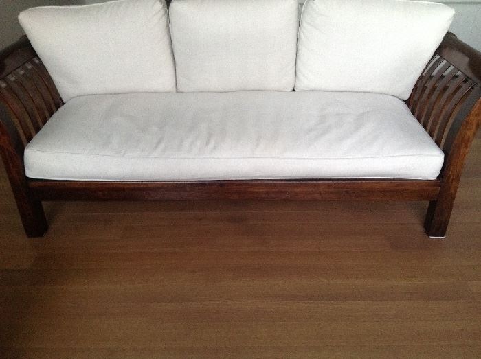 Rich, heavy, solid, extremely well built, beautiful wood-framed sofa with neutral linen upholstered seat cushion. Linen is backed for upholstery grade use. Seat cushion is down blend. All cushions have zippers on them for fabric cleaning and reupholstering. Wood is in excellent, clean condition. Approximate dimensions: Width: 88" Depth: 31.5" Height: 31" Seat height: 19" Seat upholstered depth: 26.5" Seat upholstered width: 67" 