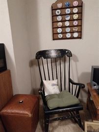 Hitchcock style rocking chair, miniature plate set, Wicker hamper