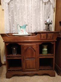 Maple dry sink, Tiffany style lamp, ceramics