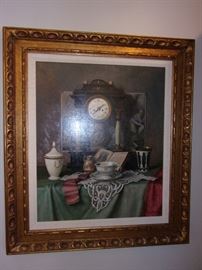 Franz Krischke (Austrian, 1885-1960)
Still life with clock. Oil on canvas, signed in the lower right hand corner, framed, 24" x 20", with frame overall 33" x 28". This lovely still life has an old-world flavor, including a pretty teacup and saucer on a piece of white lace, a teapot, an open book, and the artist's signature device of a mantel clock in front of an unframed print tacked to a wall.  At auction similar Estimate
$1,500/3,000 Value
Sold with Premium
$977.50