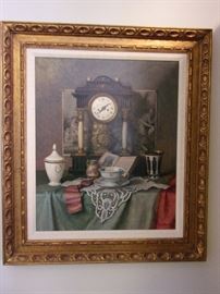 Franz Krischke (Austrian, 1885-1960)
Still life with clock. Oil on canvas, signed in the lower right hand corner, framed, 24" x 20", with frame overall 33" x 28". This lovely still life has an old-world flavor, including a pretty teacup and saucer on a piece of white lace, a teapot, an open book, and the artist's signature device of a mantel clock in front of an unframed print tacked to a wall.  At auction similar Estimate
$1,500/3,000 Value
Sold with Premium
$977.50