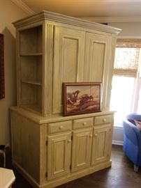 Entertainment/cupboard/storage/china cabinet Large Antiqued/off white 3 drawers, 6 shelves and 3 storage doors! Great for tucking away all your things!