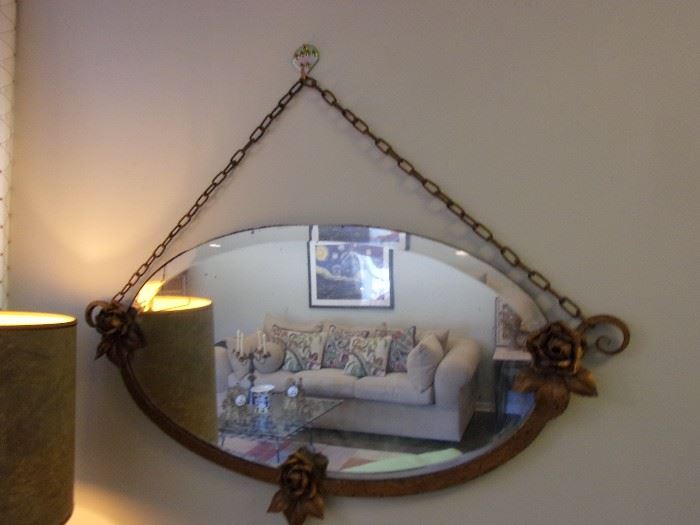 Beveled Edge antique hanging mirror with rose accents