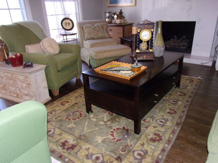 Norwalk Custom furniture rolled armed chair, side chair and ottoman and sofa/couch, coffee table with drawers