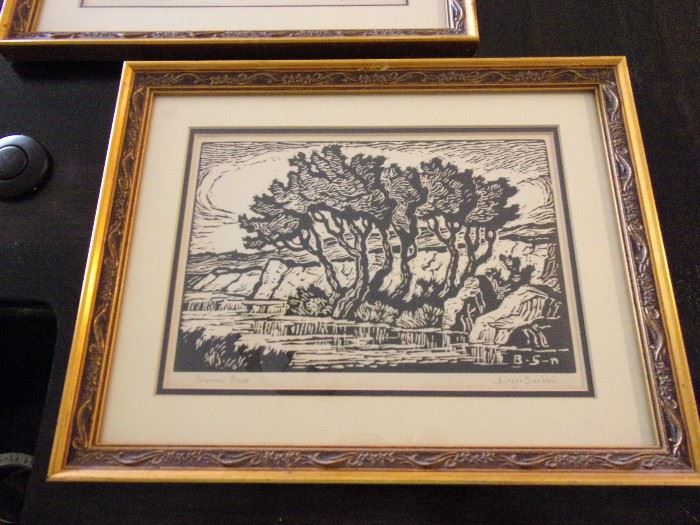 Birger Sandzen signed and framed wood cut art "Pond with Willows" & "Kansas Creek"(Swedish-American, 1871-1954)     Born in Sweden, Sven Birger Sandzén was a printmaker, painter, and teacher.  Known mostly for his paintings, Sandzén’s style is unusual in its thick application of impasto in bold and bright color combinations, interpreting the landscape of the western United States.  His lithographs were often gestural drawings done as studies to his later paintings. Sandzén taught at Bethany College in Lindsborg, Kansas.  He belonged to New York Watercolor Club; California Watercolor Society; Philadelphia Watercolor Club; Prairie Print Makers; Prairie Water Color Painters; Chicago Society of Etchers; Smoky Hill Art Club; Taos Society of Artists(Associate Member).  His work is in collections throughout U.S. and Europe