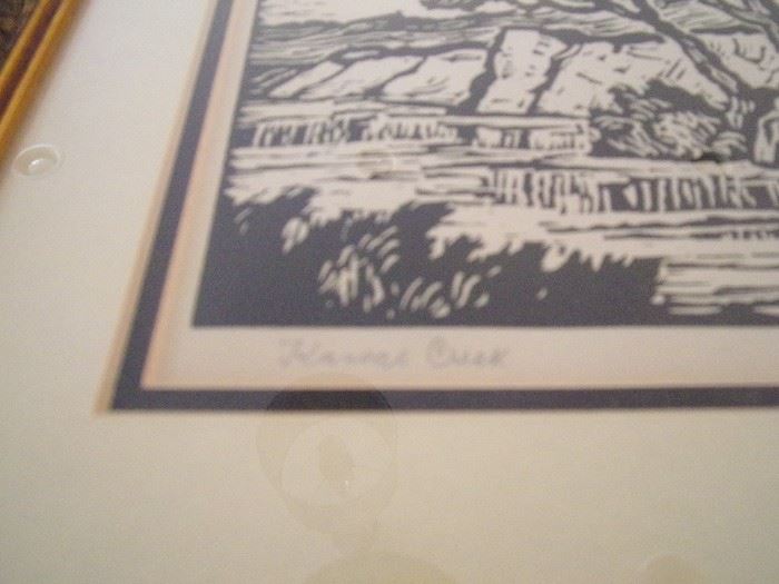 Birger Sandzen signed and framed wood cut art "Pond with Willows" & "Kansas Creek"(Swedish-American, 1871-1954)     Born in Sweden, Sven Birger Sandzén was a printmaker, painter, and teacher.  Known mostly for his paintings, Sandzén’s style is unusual in its thick application of impasto in bold and bright color combinations, interpreting the landscape of the western United States.  His lithographs were often gestural drawings done as studies to his later paintings. Sandzén taught at Bethany College in Lindsborg, Kansas.  He belonged to New York Watercolor Club; California Watercolor Society; Philadelphia Watercolor Club; Prairie Print Makers; Prairie Water Color Painters; Chicago Society of Etchers; Smoky Hill Art Club; Taos Society of Artists(Associate Member).  His work is in collections throughout U.S. and Europe