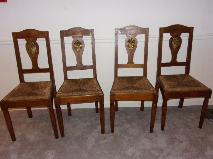 6- Antique French dining chairs with Abaca Rope Rush seat and Brass floral accent