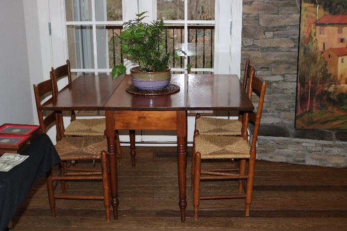 Drop Leaf Table and 4 Antique Ladder back Rush Seat Chairs 