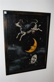 Original oil painting - The cow jumped over the moon