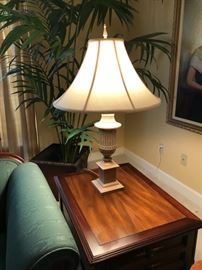 End table. Lamp. Large, artificial palm.