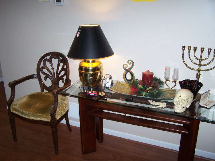 ARMCHAIR, GLASS-TOP CONSOLE & SMALLS