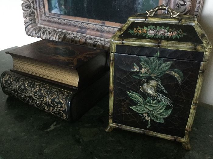 Wooden boxes: painted lidded wooden box with black crackle finish, bird & floral design, faux bamboo corners & feet, snake/dragon metal handle on lid, 2 connected “book style” wooden boxes painted with decorative angel motif on top & golden accents on lower box, top-opening lid on upper box & drawer for lower box