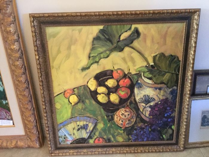 Framed still life painting, hydrangeas & teapot, square.        More artwork available than shown in pictures. 