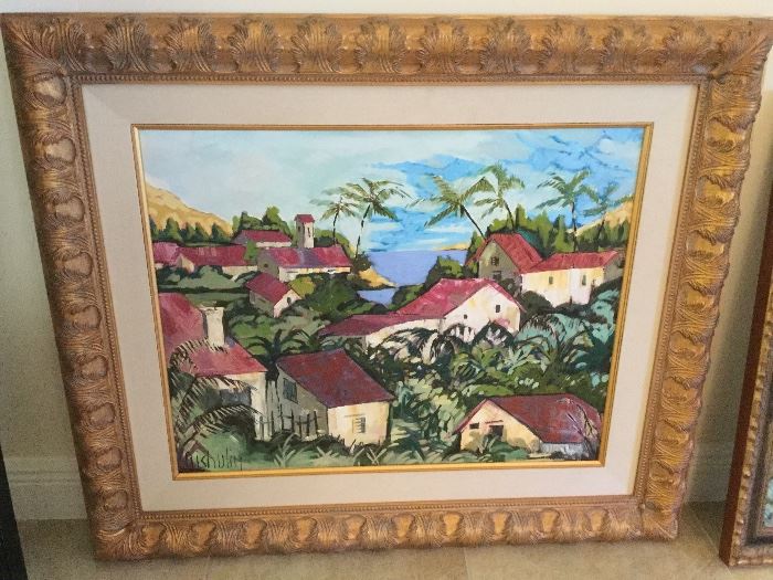 Original oil painting of island village with red roof buildings, linen matting, framed