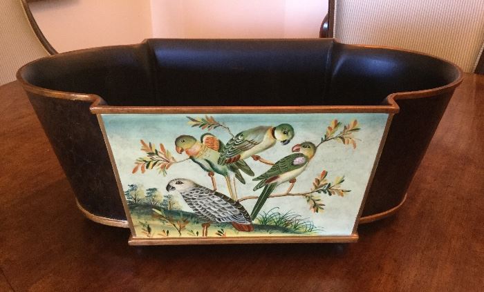 Hand painted brown crackle wooden receptacle, smooth black interior, front painted panel with bird motif, set on 4 feet