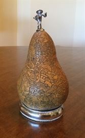 Hand engraved pear-shaped gourd with silver (not silver plate) decorative base and finial of man