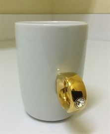 Perfect fun gift for bride-to-be: white coffee mug with gold ring handle with Swarovski crystal...she’ll wear a “diamond” ring as she sips her coffee