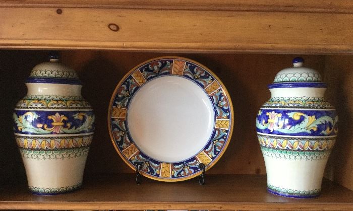 A pair of Potiche Decoro Liberty vases in blue, teal, & gold decorative pattern with lid, 10” Bowl, dark blue pattern with yellow rim, hand painted in Ravelto, Italy
