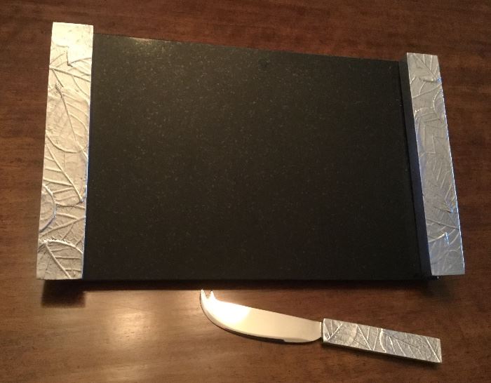 Cheese server: black marble with aluminum trim in leaf pattern, with coordinating pattern cheese knife