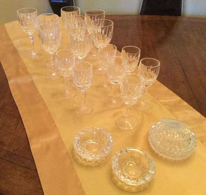 Waterford cut crystal stemware, 2 small dishes, & a shell-shaped “box”, with removable lid 
