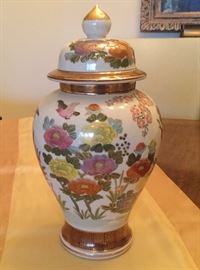 2 Andrea by Sedek ginger jars with lids, with bird & floral design, 14”H