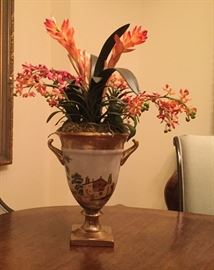Silk floral arrangement in large urn with gilt gold band, base, & handles,  painted with scene on beige background, 2 planters also for sale, one includes plant