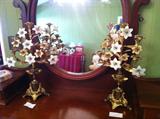 Antique French gilt brass and milkglass flower candelabra
