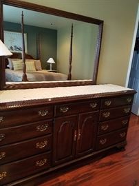 Ethan Allen complete bedroom set.  11 drawer dresser.   Georgian Court styling.  74" x 20.5" x 34".  With attached mirror 34" tall.   