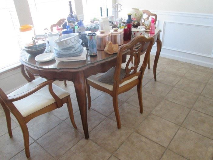 Solid fruit wood dining table w glass top and 6 chairs