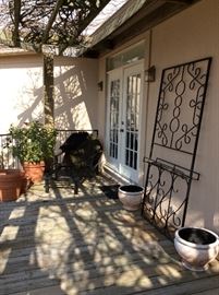 Italian terra cotta patio pottery. Door size scrollwork wall planter. Cachepots