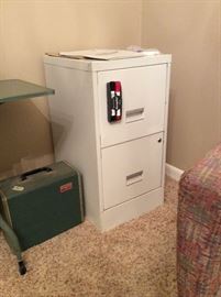 2 drawer metal filing cabinet, retro Argus slide projector with screen.
